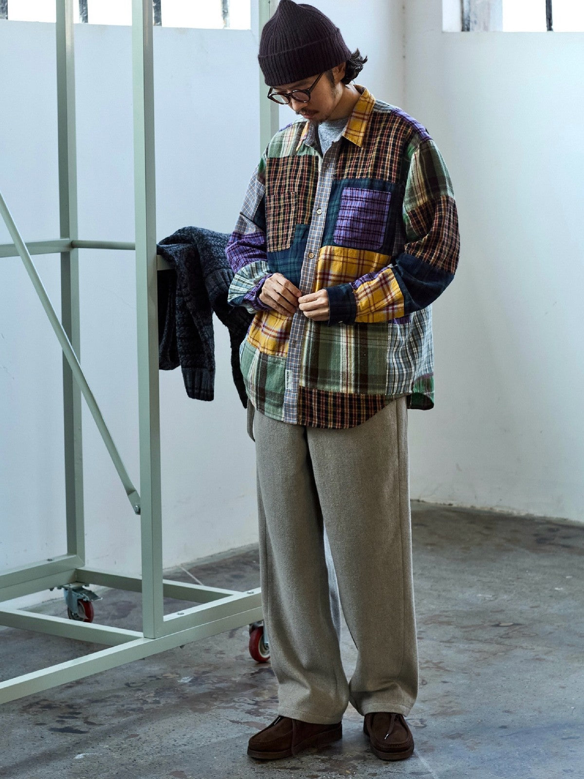 USAGE Cotton Plaid Patchwork Shirt in Patchwork - On Male Model
