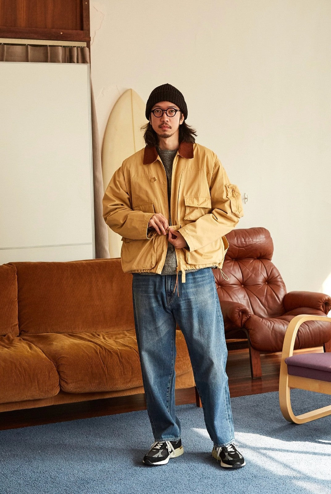 USAGE Corduroy Collar Cotton Fishing Jacket in Beige - On Male Model