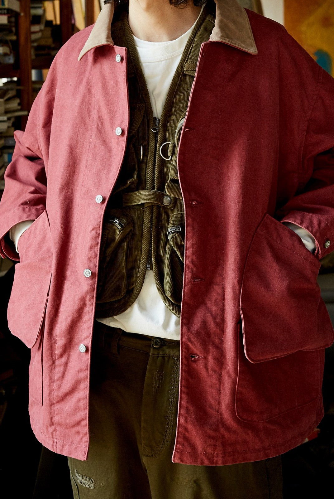 USAGE Heavyweight Canvas Hunting Jacket in Burgundy - On Male Model