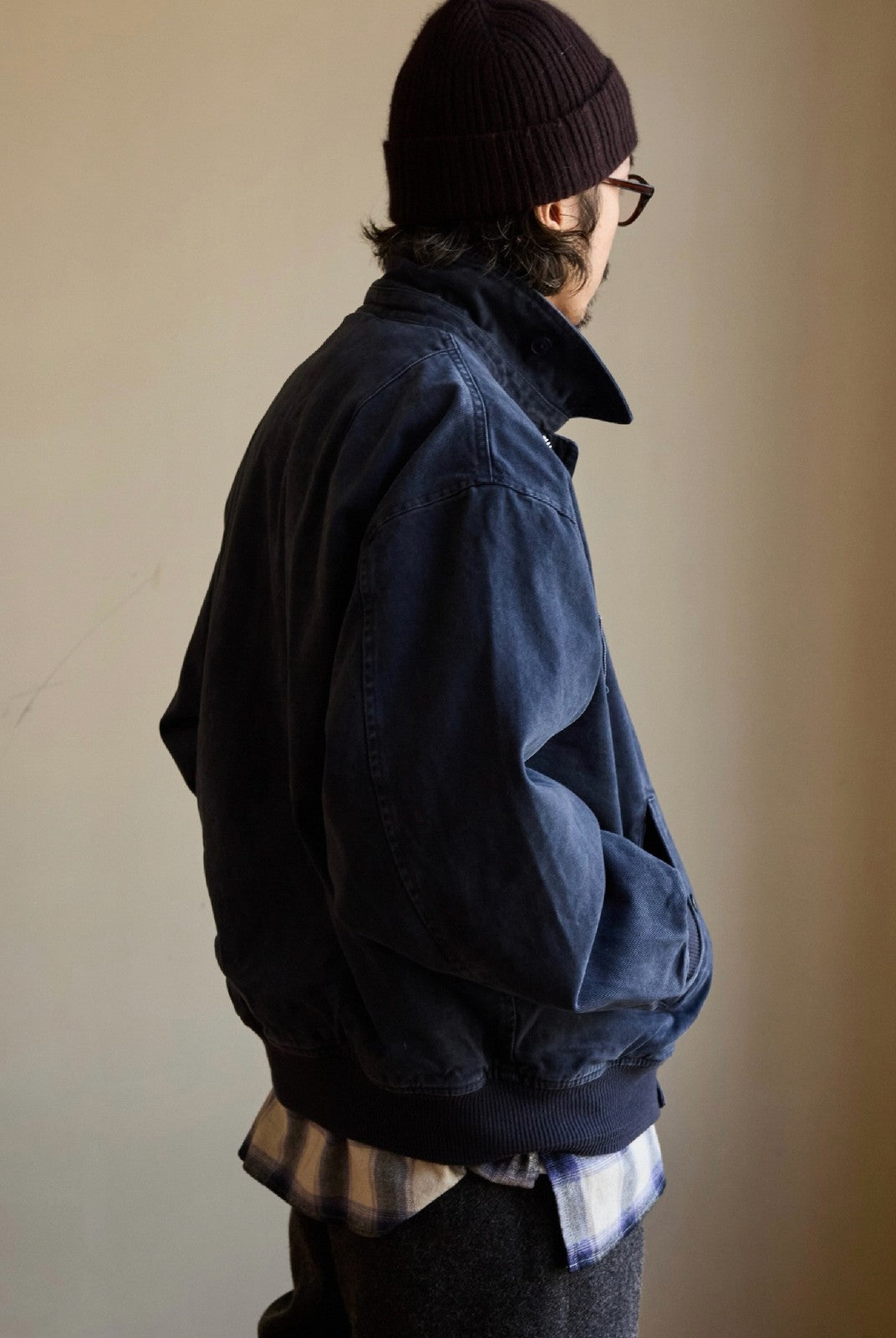 USAGE Washed Cotton Lyocell B 15 Bomber in Navy - On Male Model