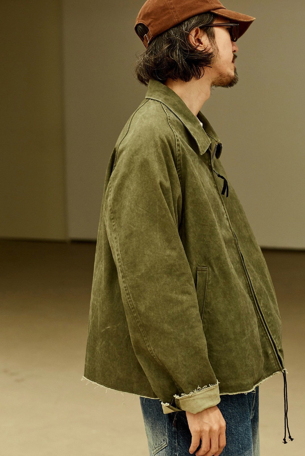 USAGE Vintage Washed Cotton Sports Jacket in Olive - On Male Model