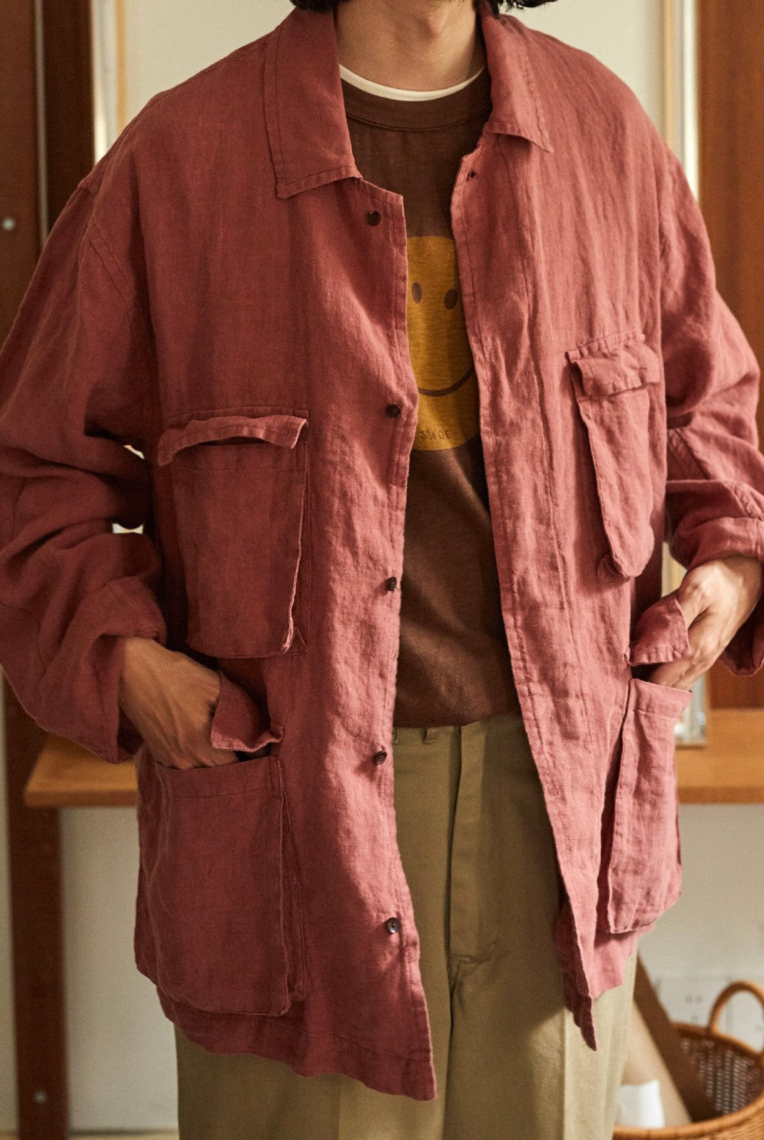USAGE Linen Four Pocket BDU Jacket in Pink - On Male Model
