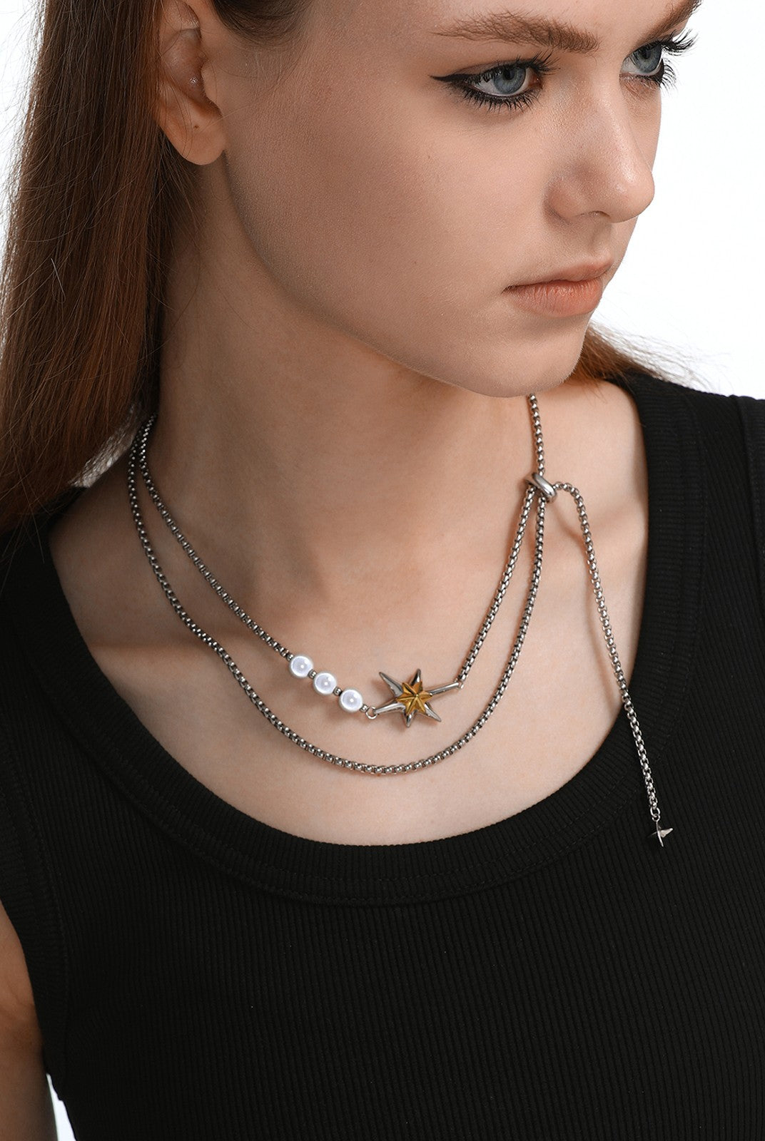 BLACKHEAD Star Pendant Pearl Layered Necklace in Gray - On Female Model