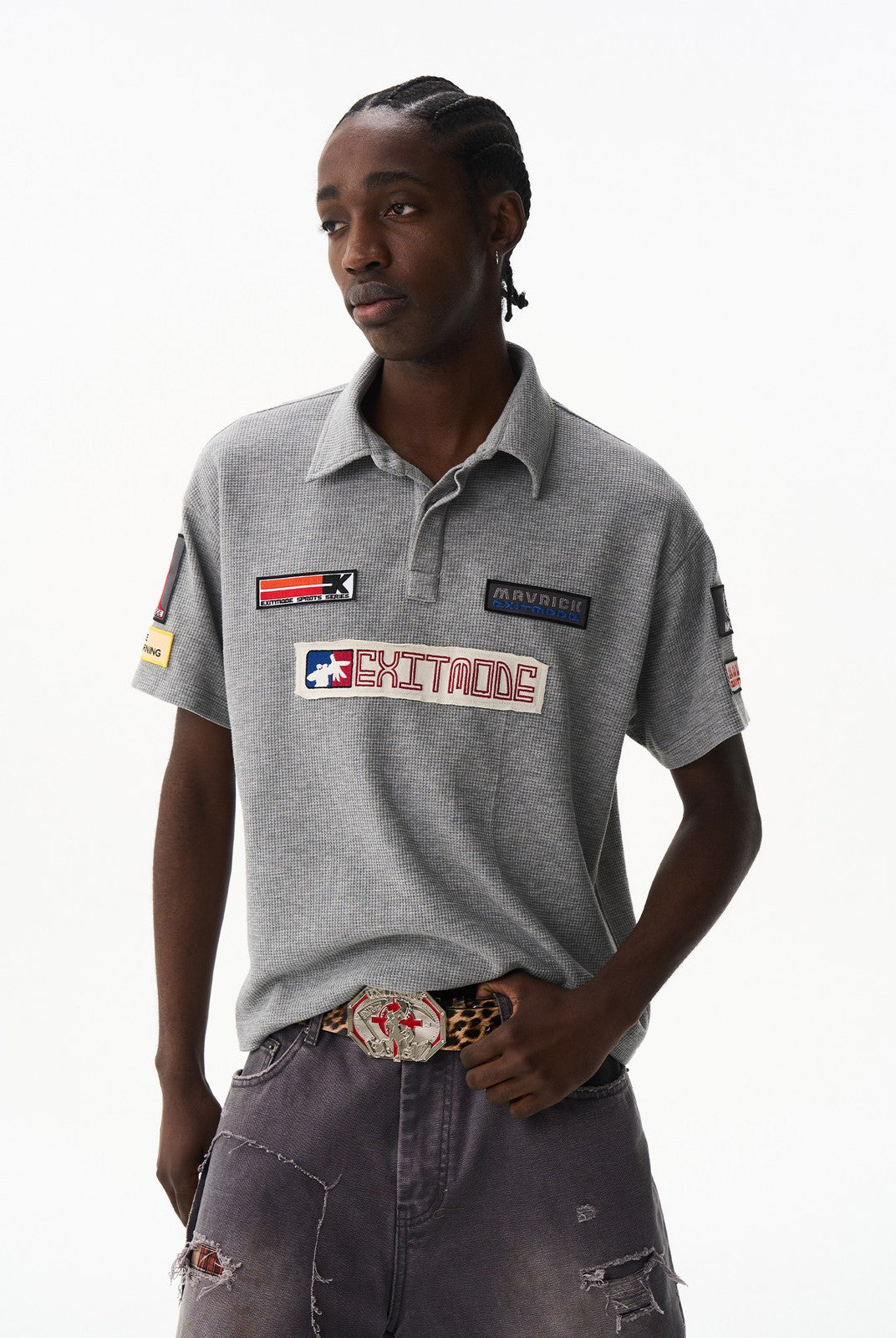BLINDNOPLAN Waffle Knit Patch Polo Shirt in Gray - On Male Model
