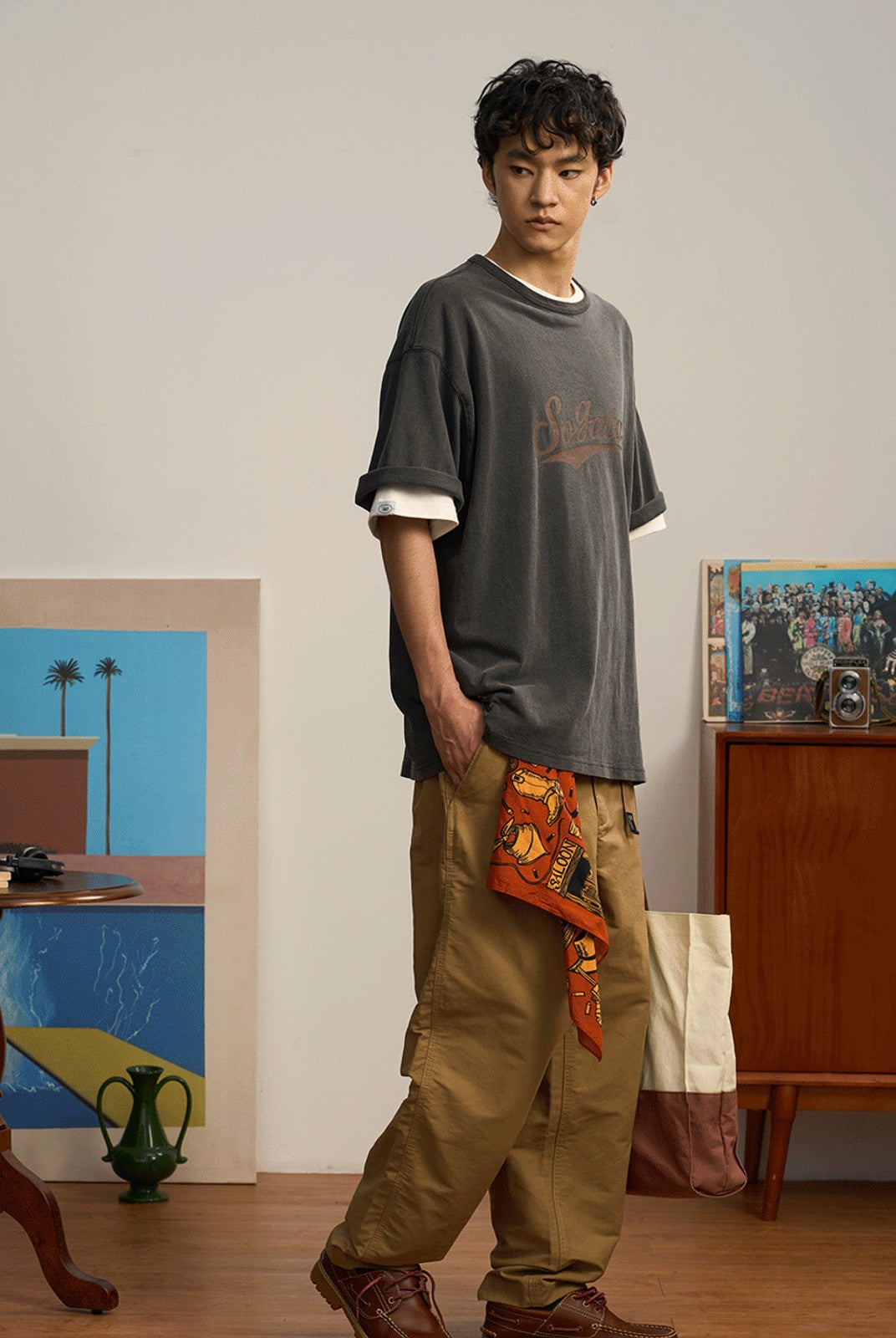 SOD Belted Cotton Nylon Tapered Pants in Beige - On Male Model
