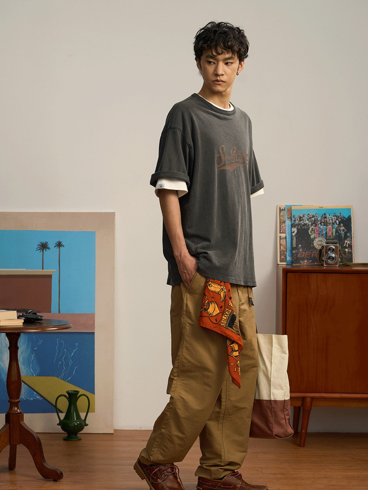 SOD Belted Cotton Nylon Tapered Pants in Beige - On Male Model