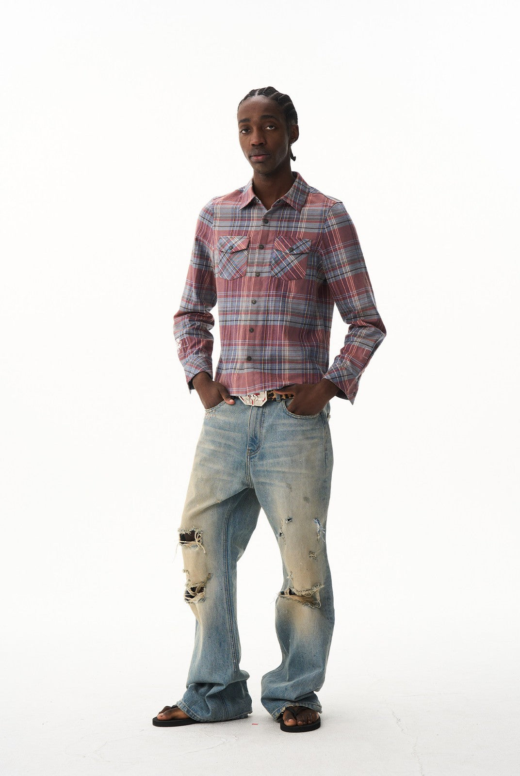 BLINDNOPLAN Cropped Plaid Button Down Shirt in Blue - On Male Model