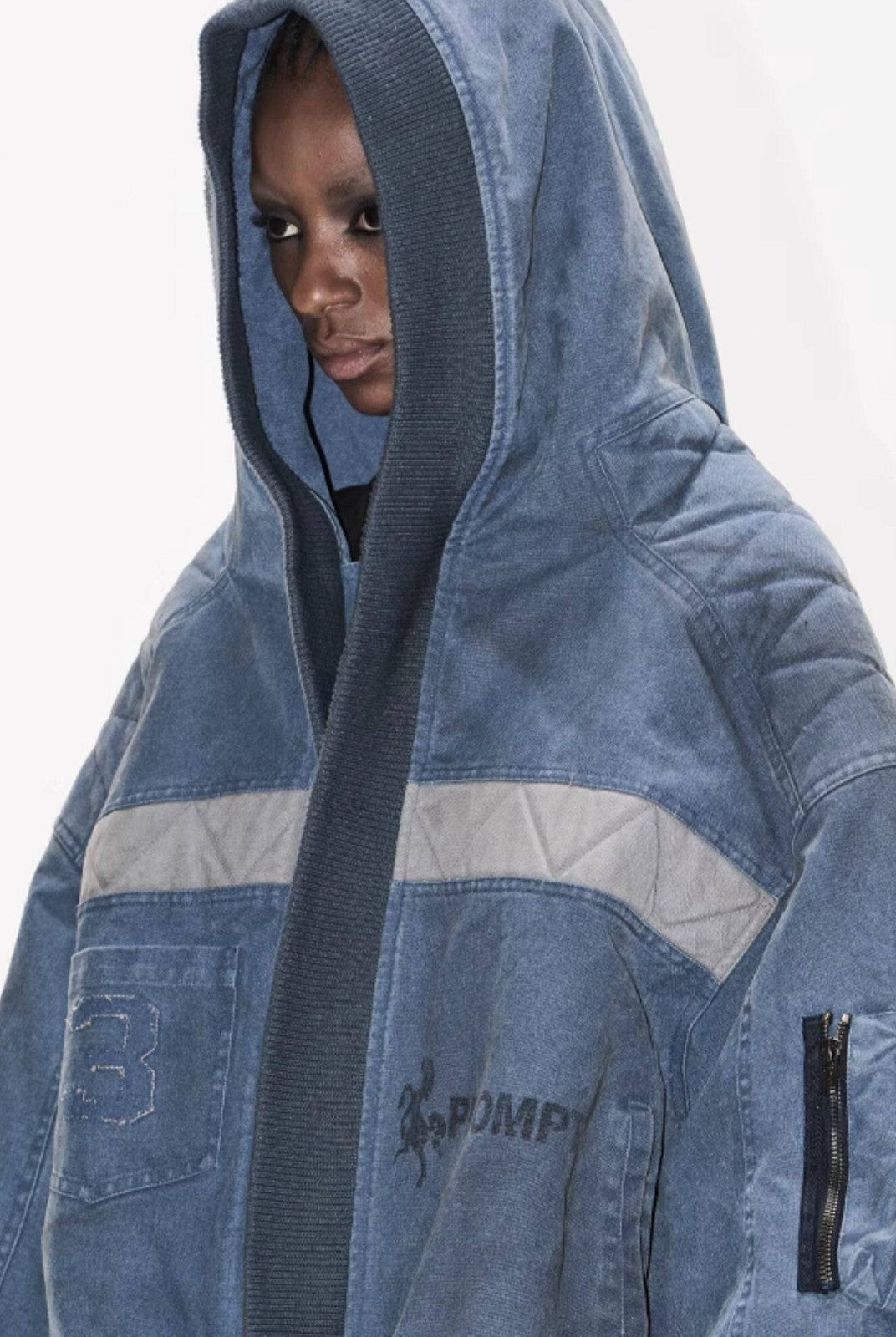 BLINDNOPLAN Distressed Hooded MA 1 Bomber Jacket in Blue - On Female Model