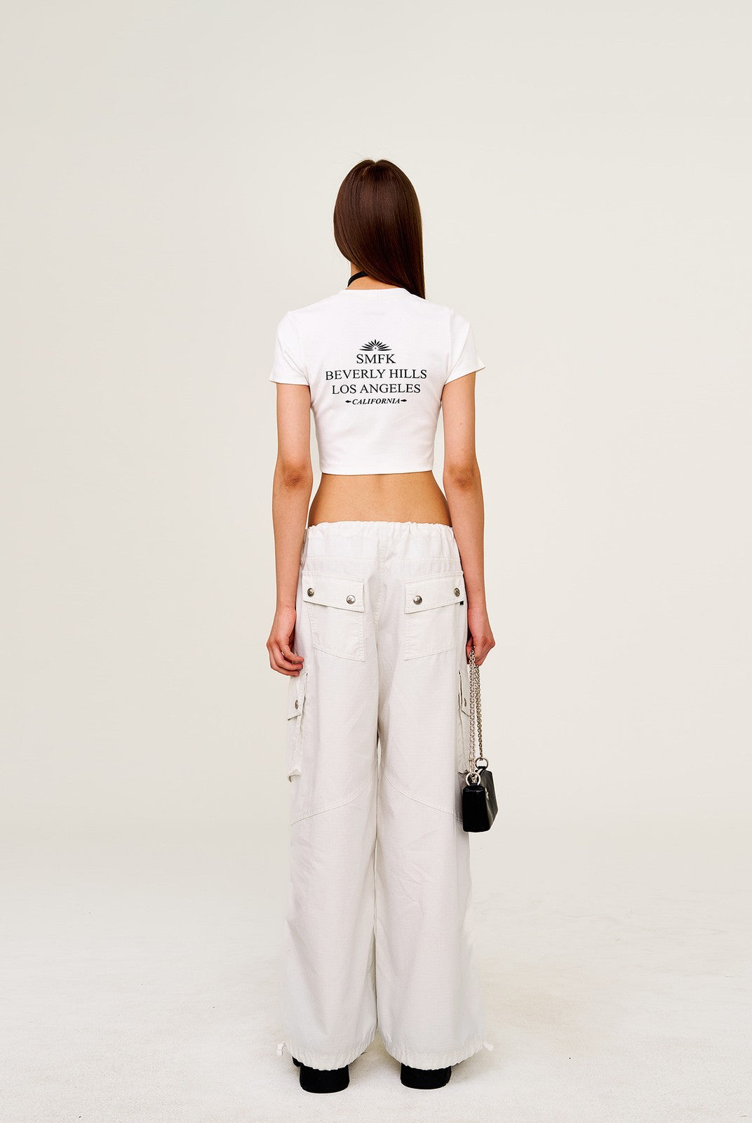 SMFK Wide Leg Parachute Cargo Pants in Gray - On Female Model