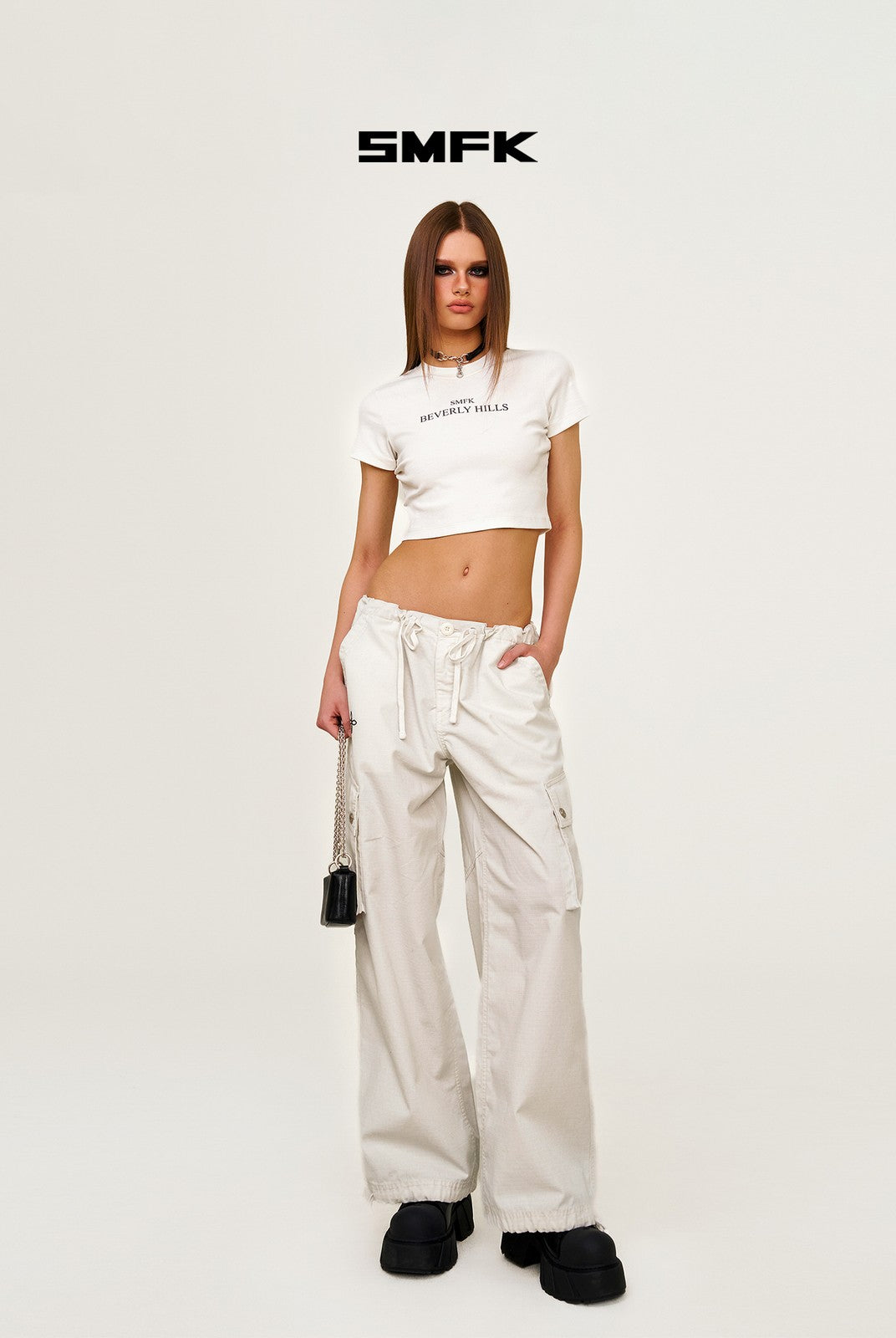 SMFK Wide Leg Parachute Cargo Pants in Gray - On Female Model