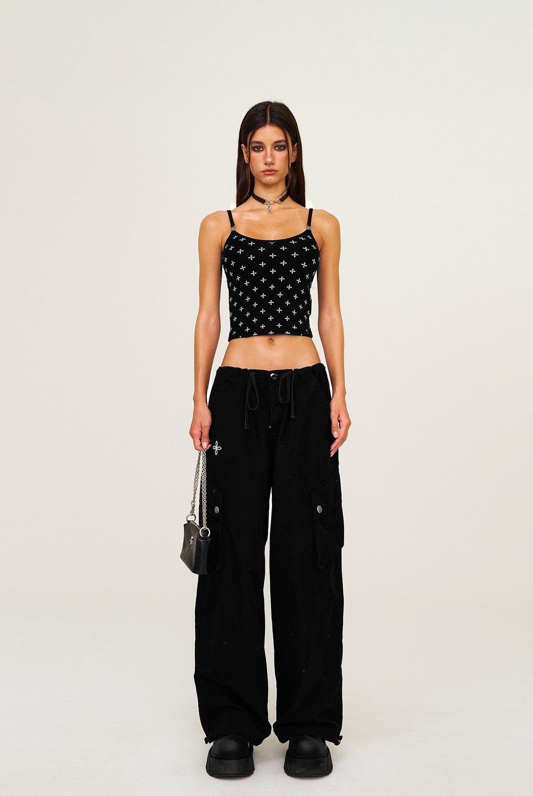 SMFK Wide Leg Parachute Cargo Pants in Black - On Female Model