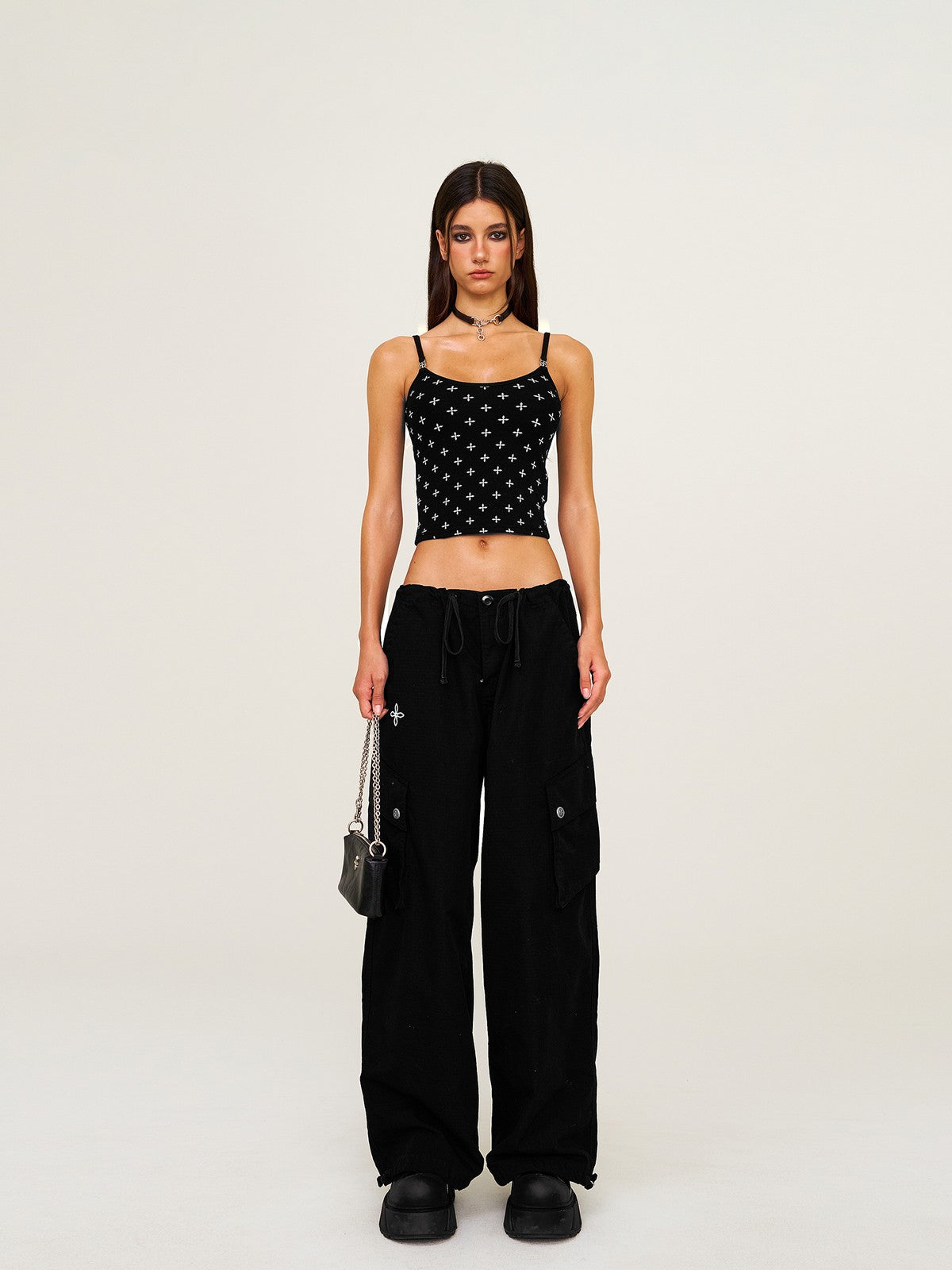 SMFK Wide Leg Parachute Cargo Pants in Black - On Female Model