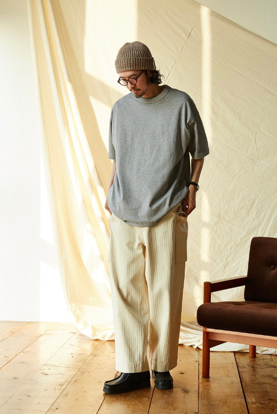 USAGE Heavyweight Herringbone Cargo Pants in White - On Male Model