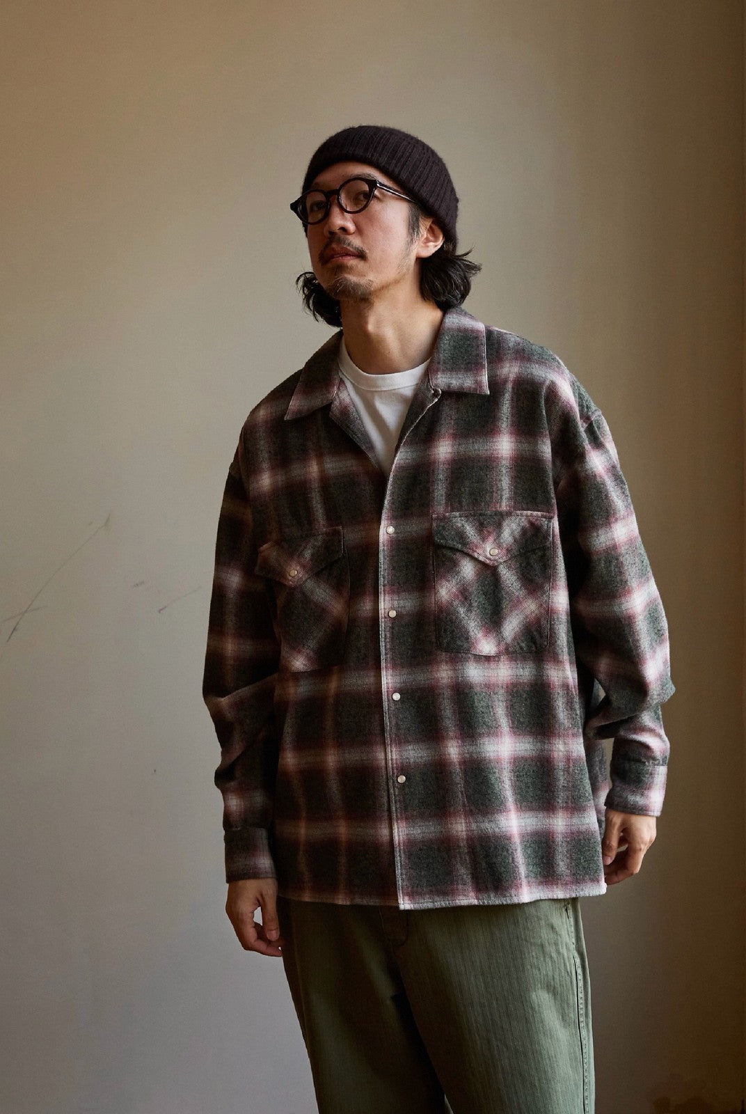 USAGE Brushed Plaid Western Shirt in Olive - On Male Model