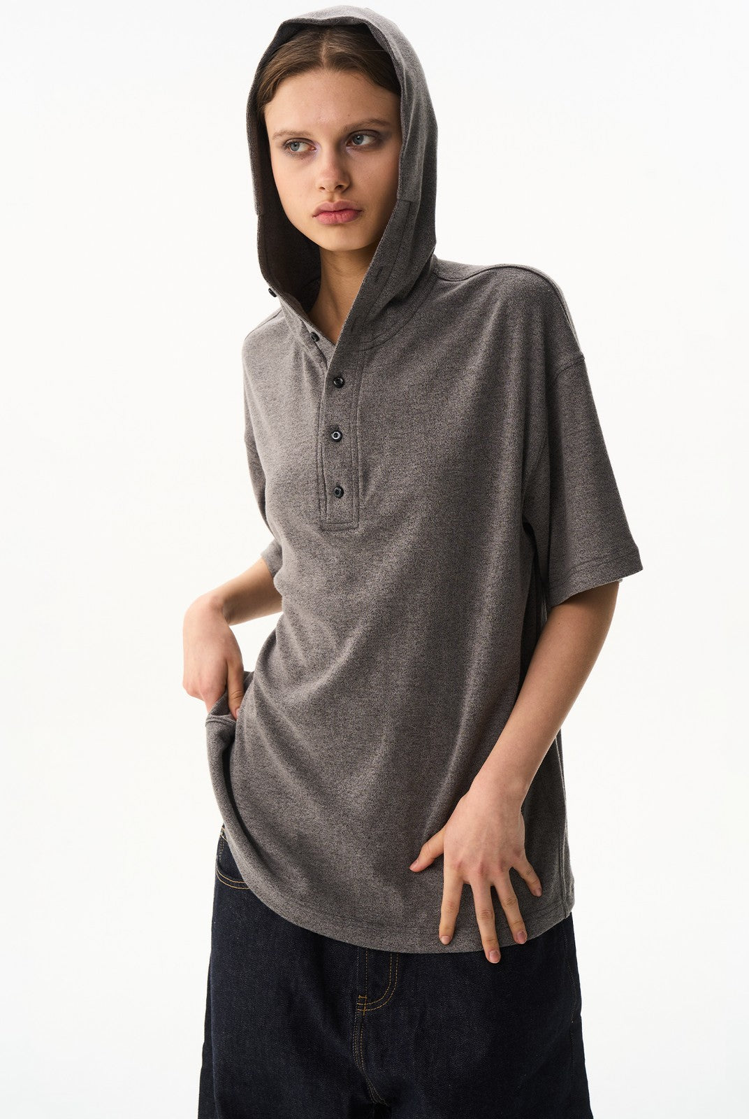 BLINDNOPLAN Hooded Short Sleeve Polo in Gray - On Female Model