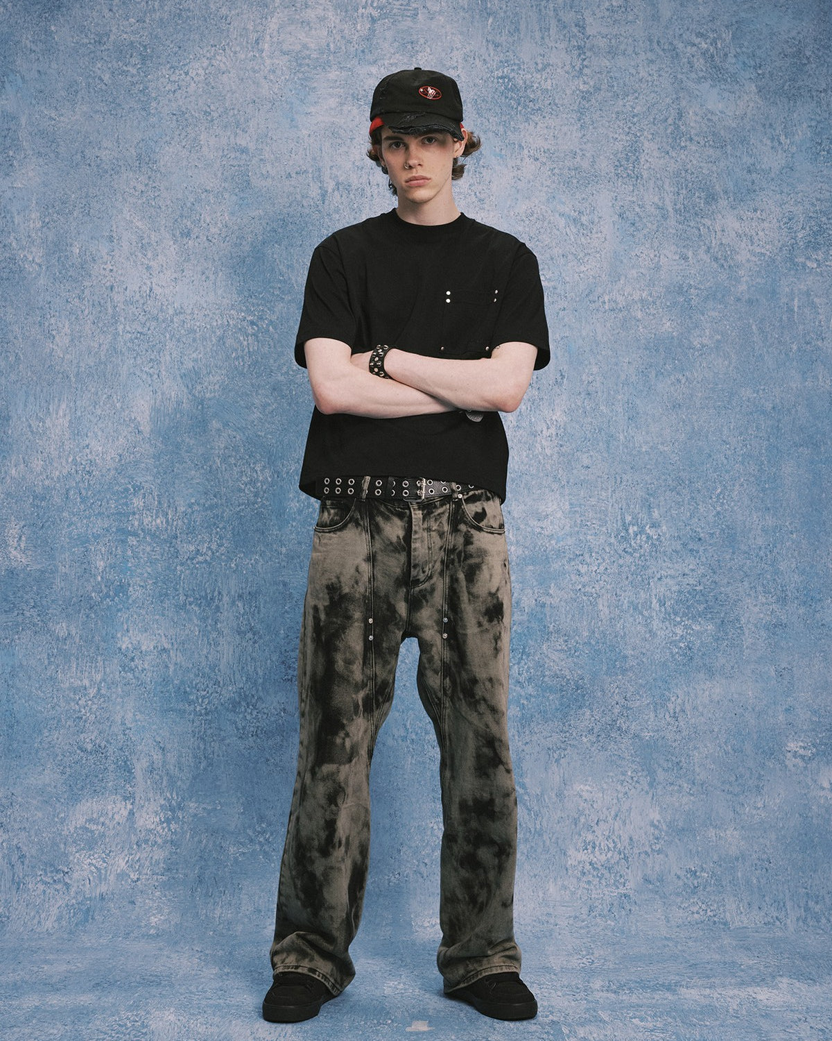 SOD Hand Tie Dye Distressed Straight Jeans in Gray - On Male Model
