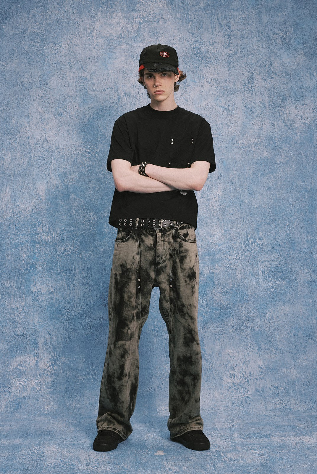SOD Hand Tie Dye Distressed Straight Jeans in Gray - On Male Model
