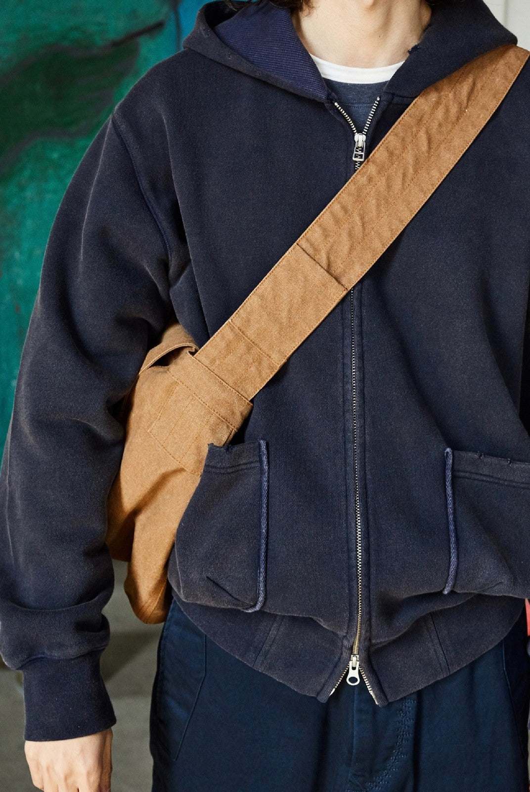 USAGE Hand Distressed Washed Zip Hoodie in Navy Blue - On Male Model