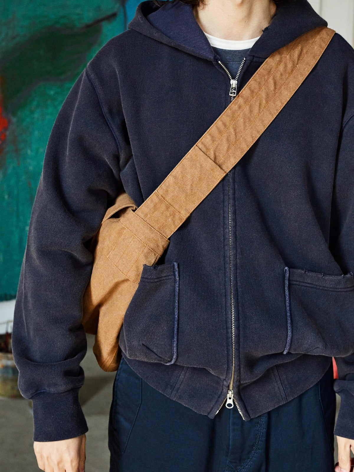 USAGE Hand Distressed Washed Zip Hoodie in Navy Blue - On Male Model