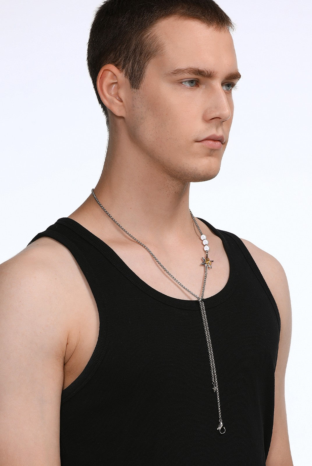 BLACKHEAD Star Pendant Pearl Layered Necklace in Gray - On Male Model