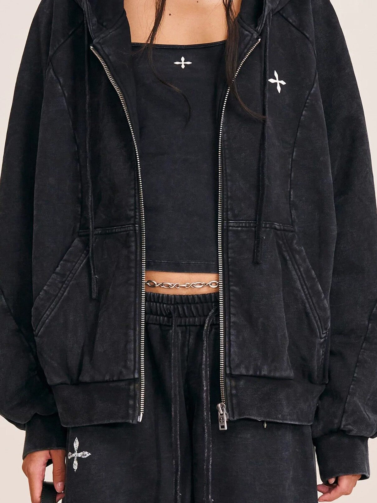 SMFK Washed Cotton Zip Up Hoodie in Gray - On Female Model