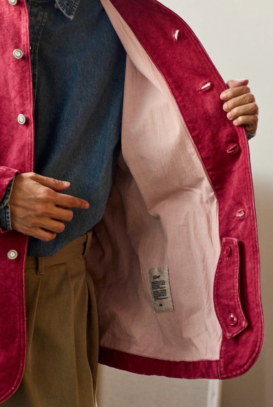USAGE Washed Heavyweight Cotton Chore Jacket in Red - On Male Model