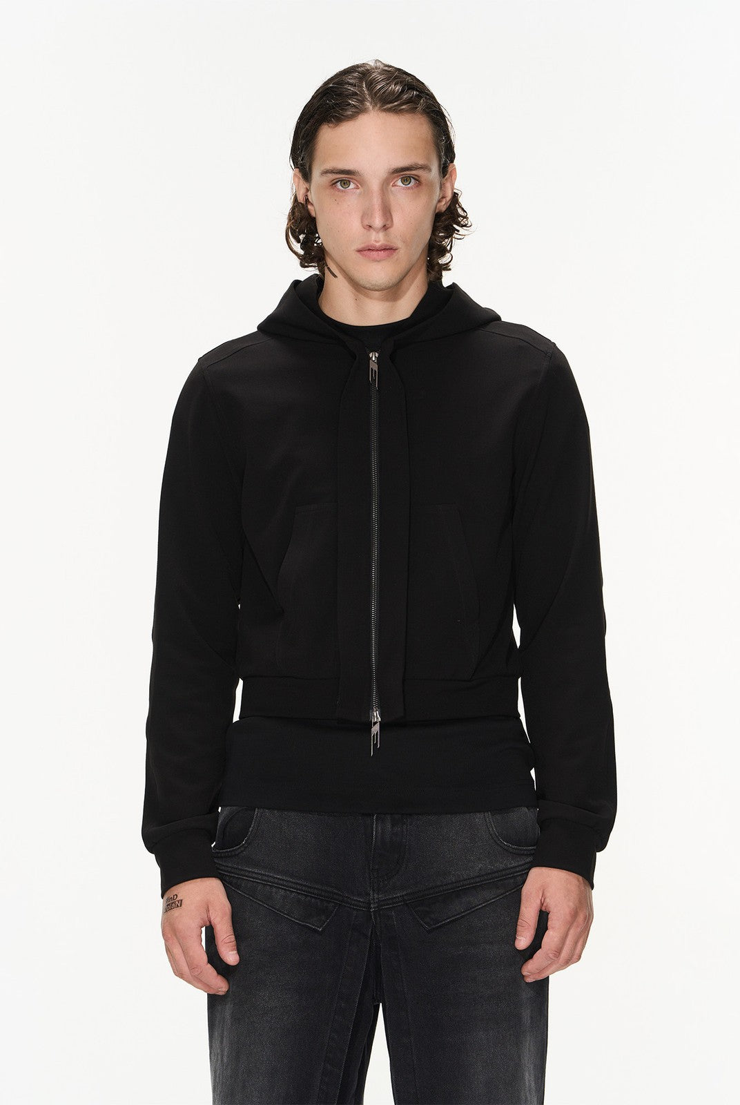 BLINDNOPLAN Cropped Zip Up Hoodie with Structured Trim in Black - On Male Model