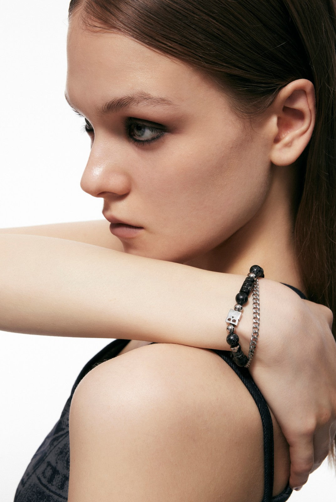 BLACKHEAD Logo Tag Stone Bead Chain Bracelet in Black - On Female Model