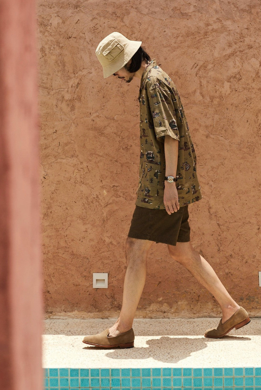 USAGE Cowboy Print Cotton Hawaiian Shirt in Beige - On Male Model