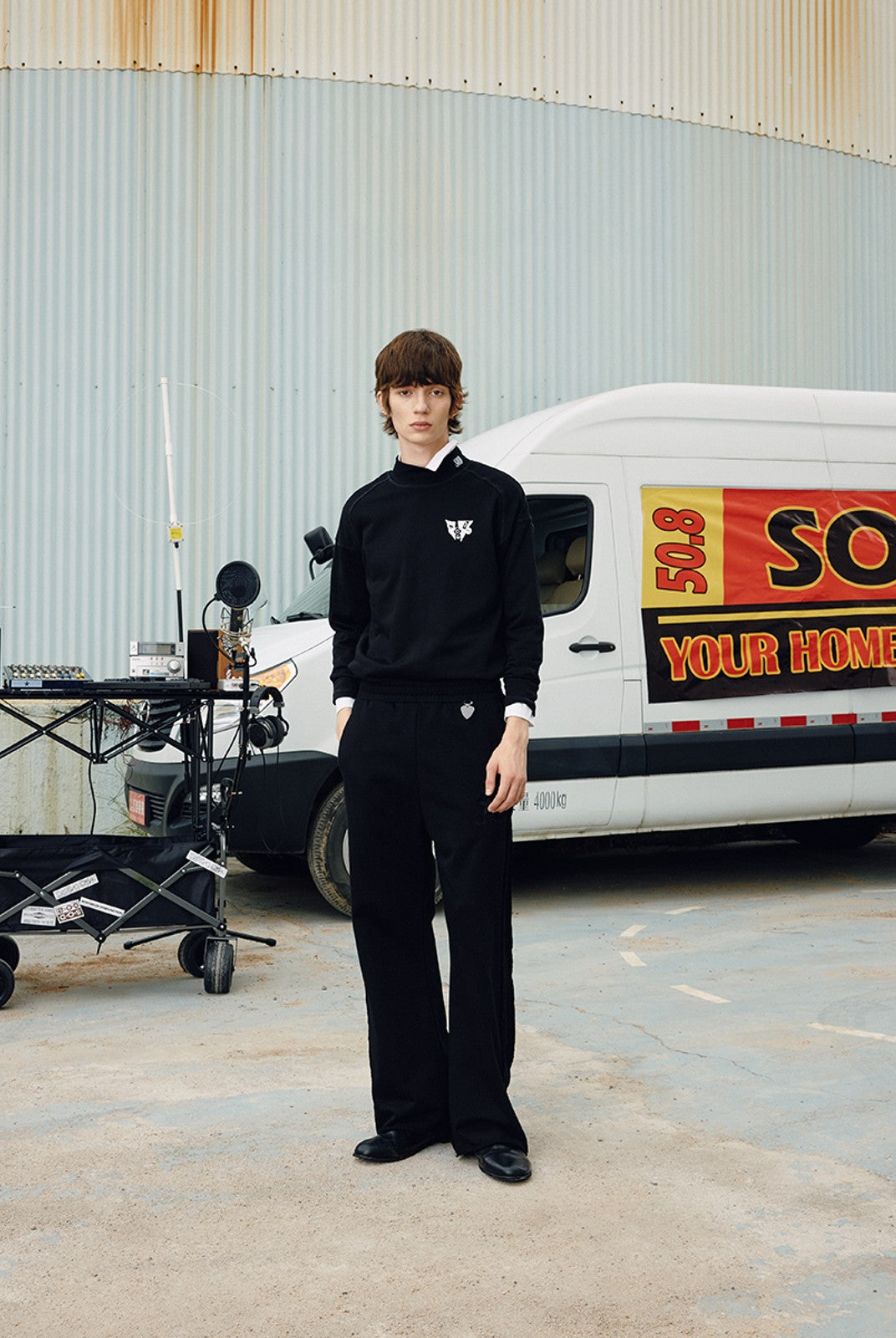 SOD Embroidered Mock Neck Top in Black - On Male Model
