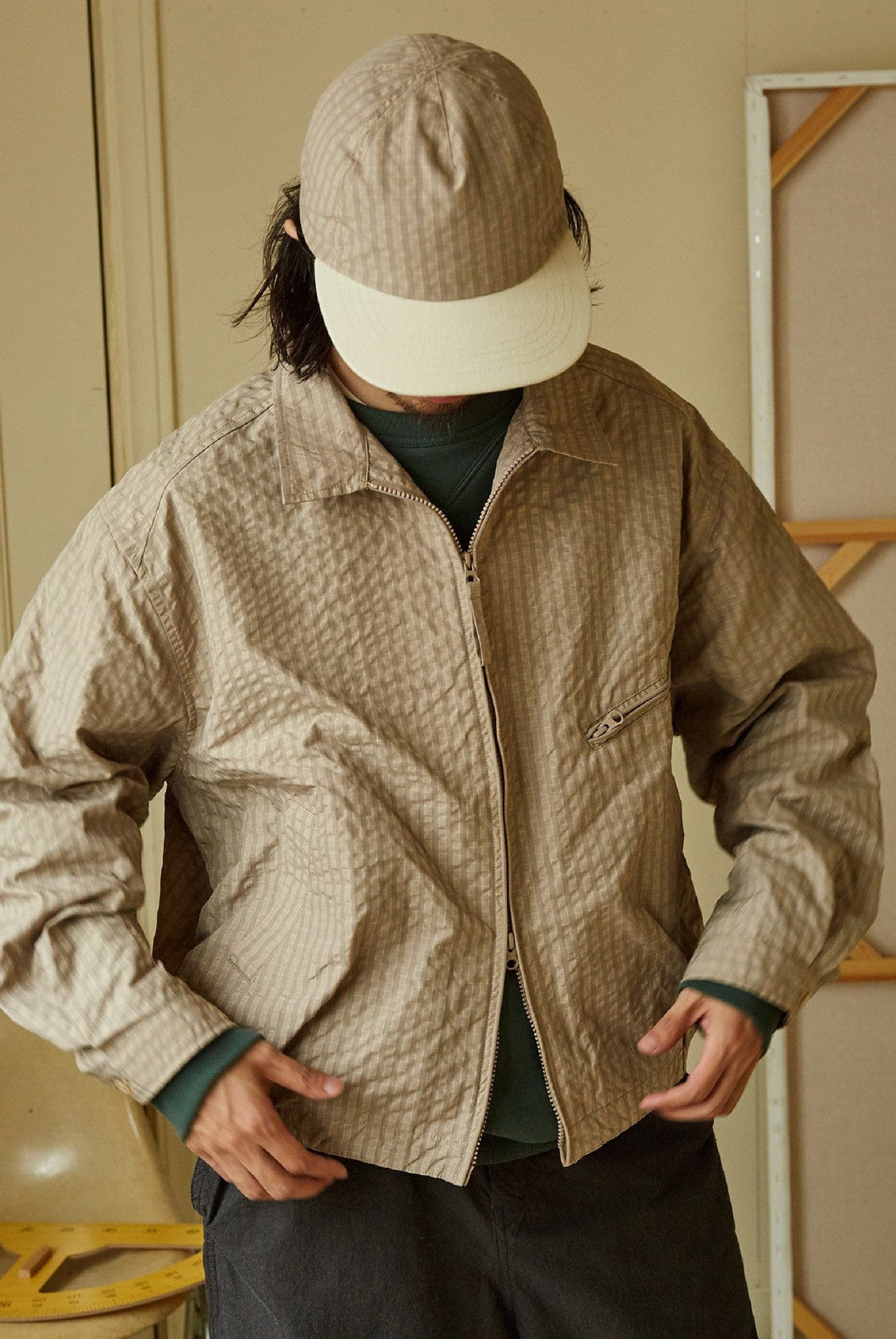 USAGE Jacquard Check Harrington Jacket in Beige - On Male Model