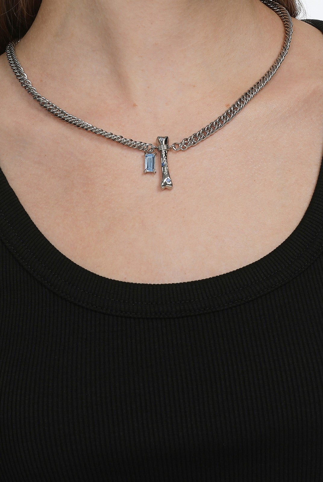 BLACKHEAD Blue Rhinestone Bone Necklace in Silver - On Female Model