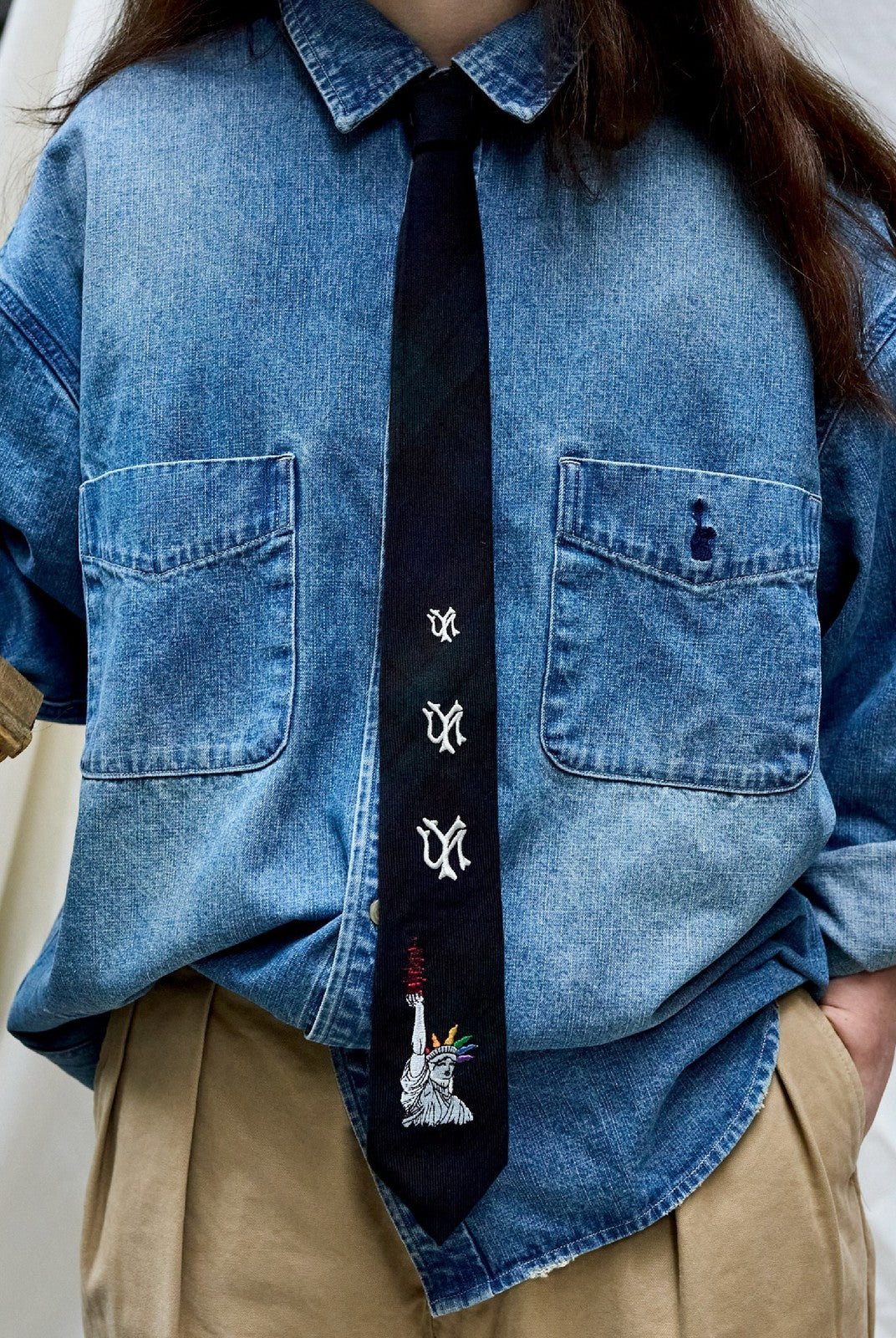 USAGE Washed Distressed Denim Shirt in Denim - On Female Model
