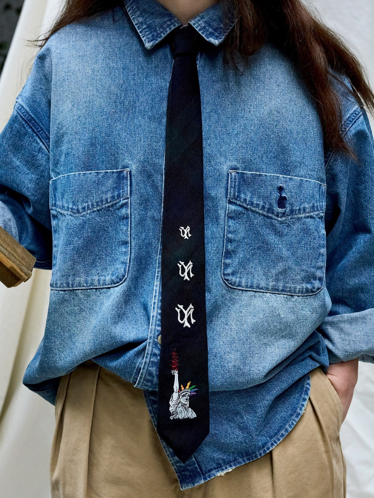 USAGE Washed Distressed Denim Shirt in Denim - On Female Model