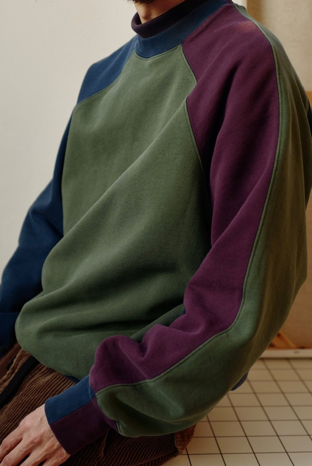 USAGE Colorblock Raglan Cotton Sweatshirt in Green - On Male Model
