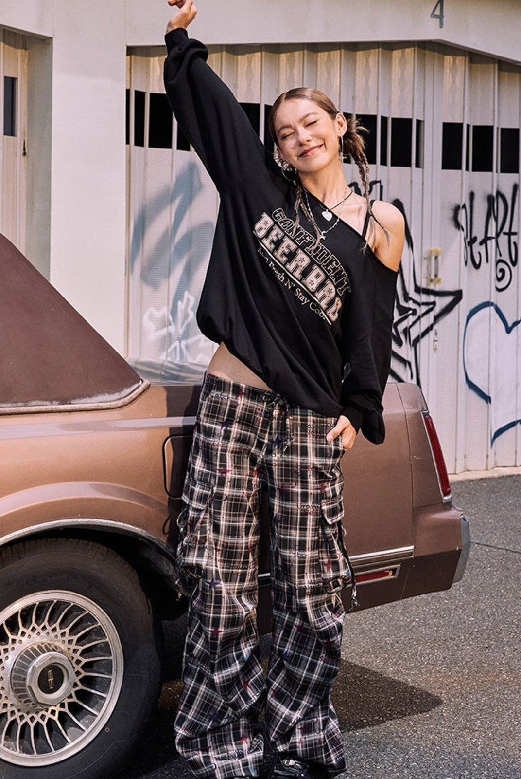 BeerBro Graffiti Plaid Strap Cargo Pants in Sky Blue - On Female Model