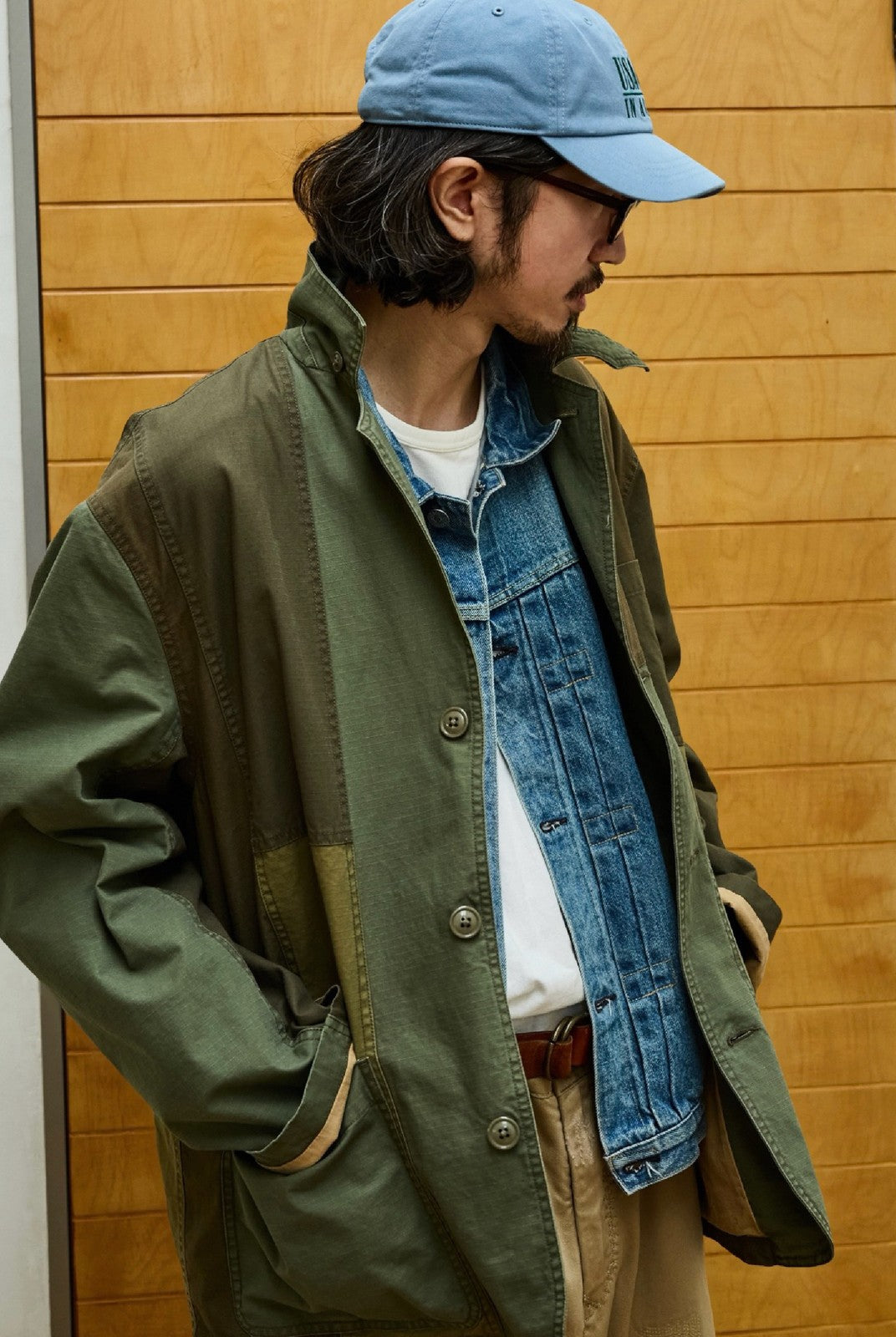 USAGE Cotton Ripstop Patchwork Blazer in Green - On Male Model