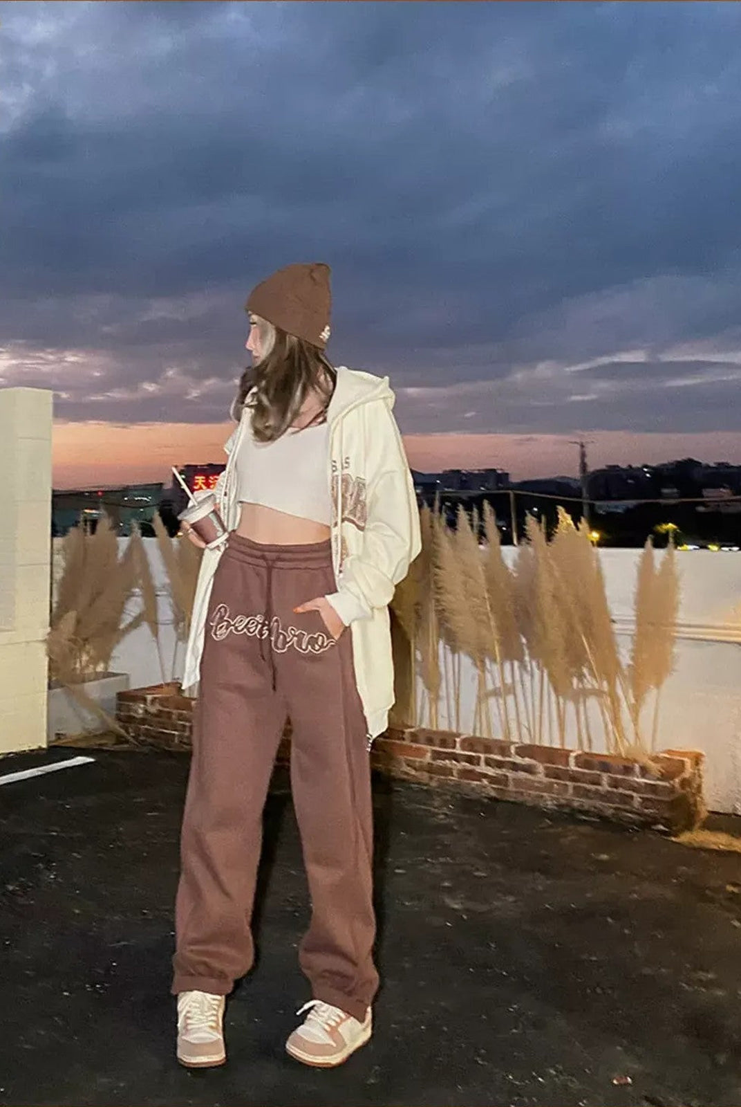 BeerBro Fleece Lined Split Hem Sweatpants in Brown - On Female Model