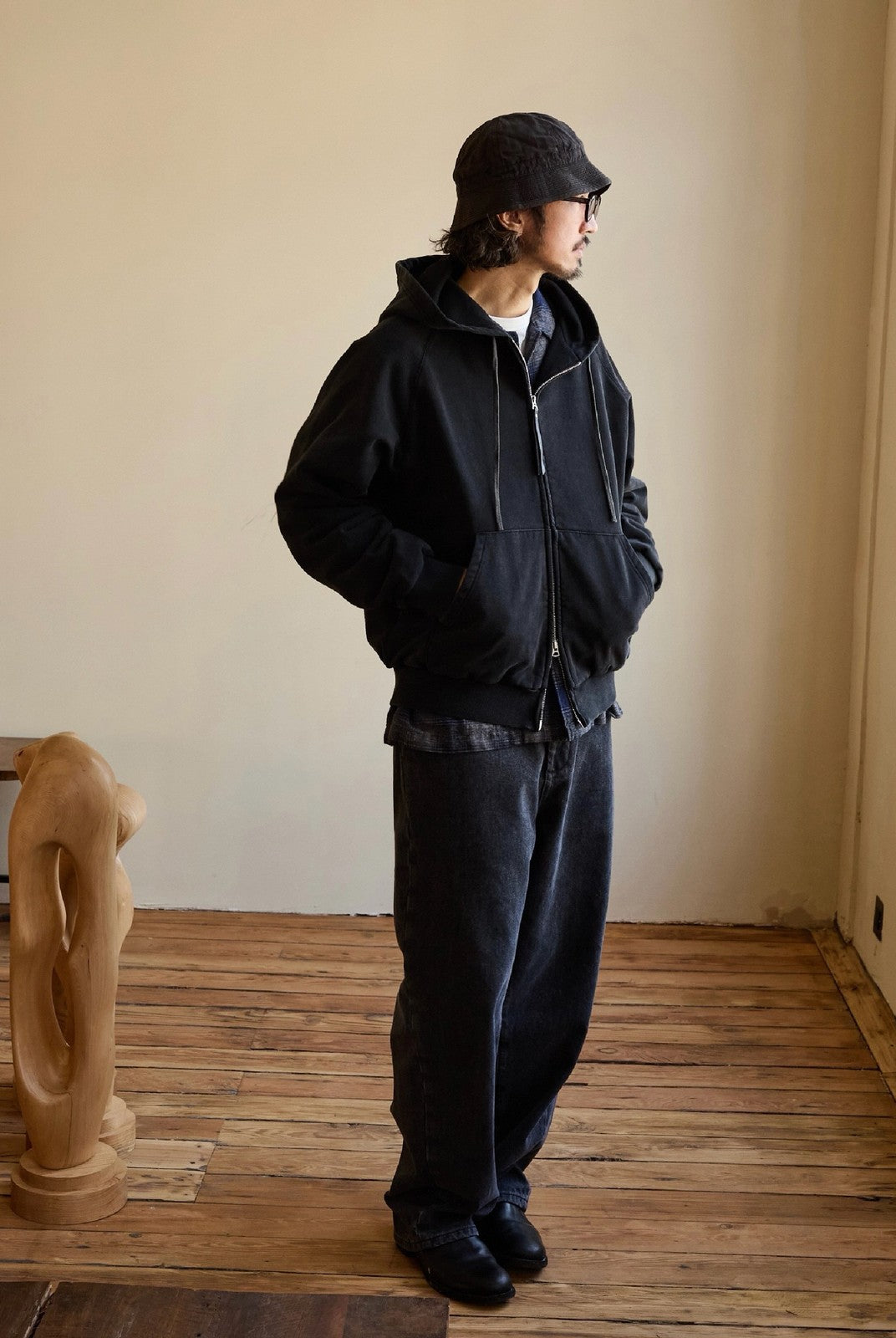 USAGE Vintage Washed Double Layer Zip Hoodie in Black - On Male Model
