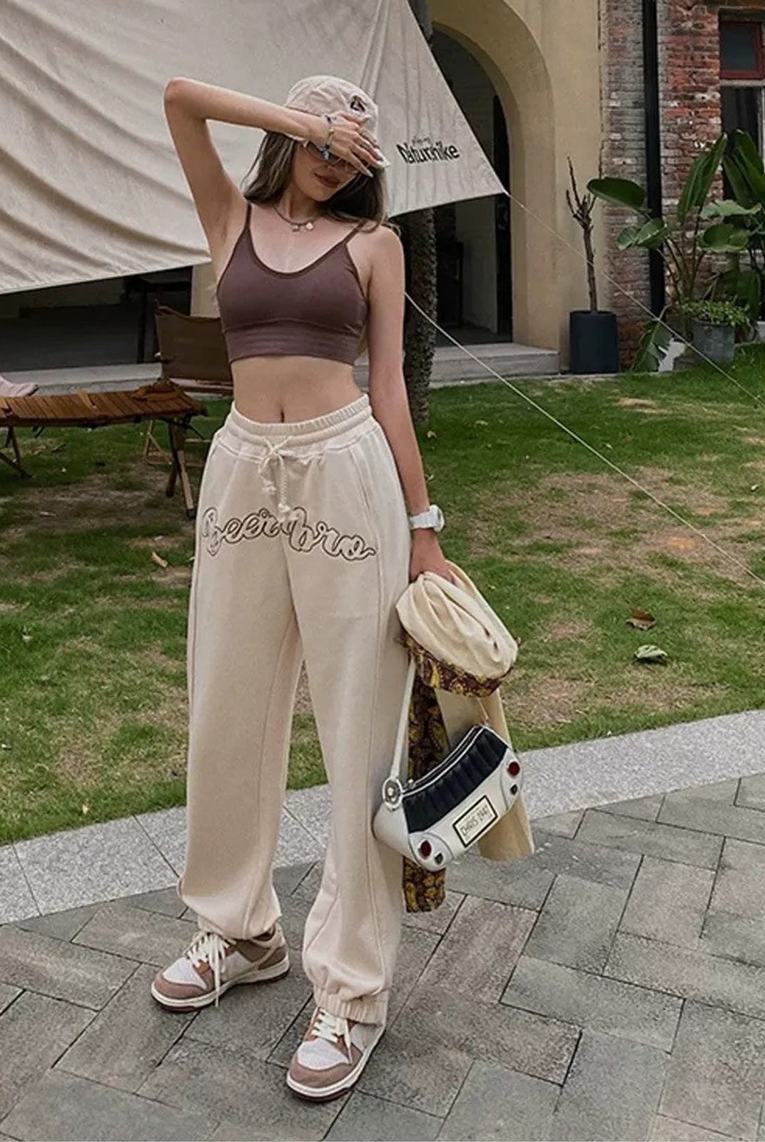 BeerBro Embroidered Script Joggers in Cream - On Female Model