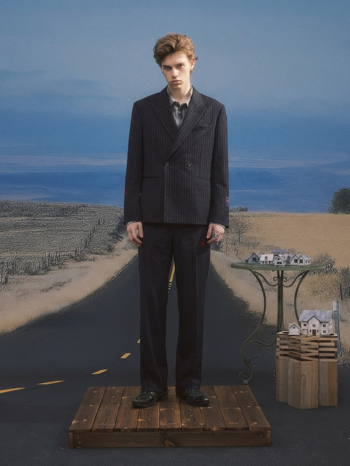 SOD Striped Double Breasted Wool Blend Blazer in Black - On Male Model
