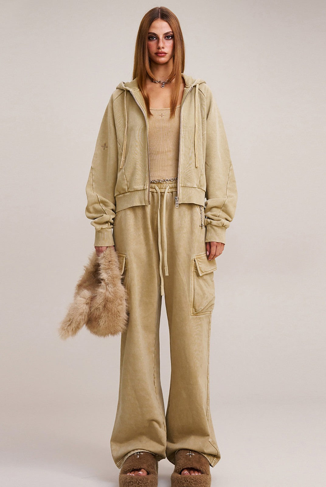 SMFK Garment Dyed Cotton Zip Up Hoodie in Beige - On Female Model