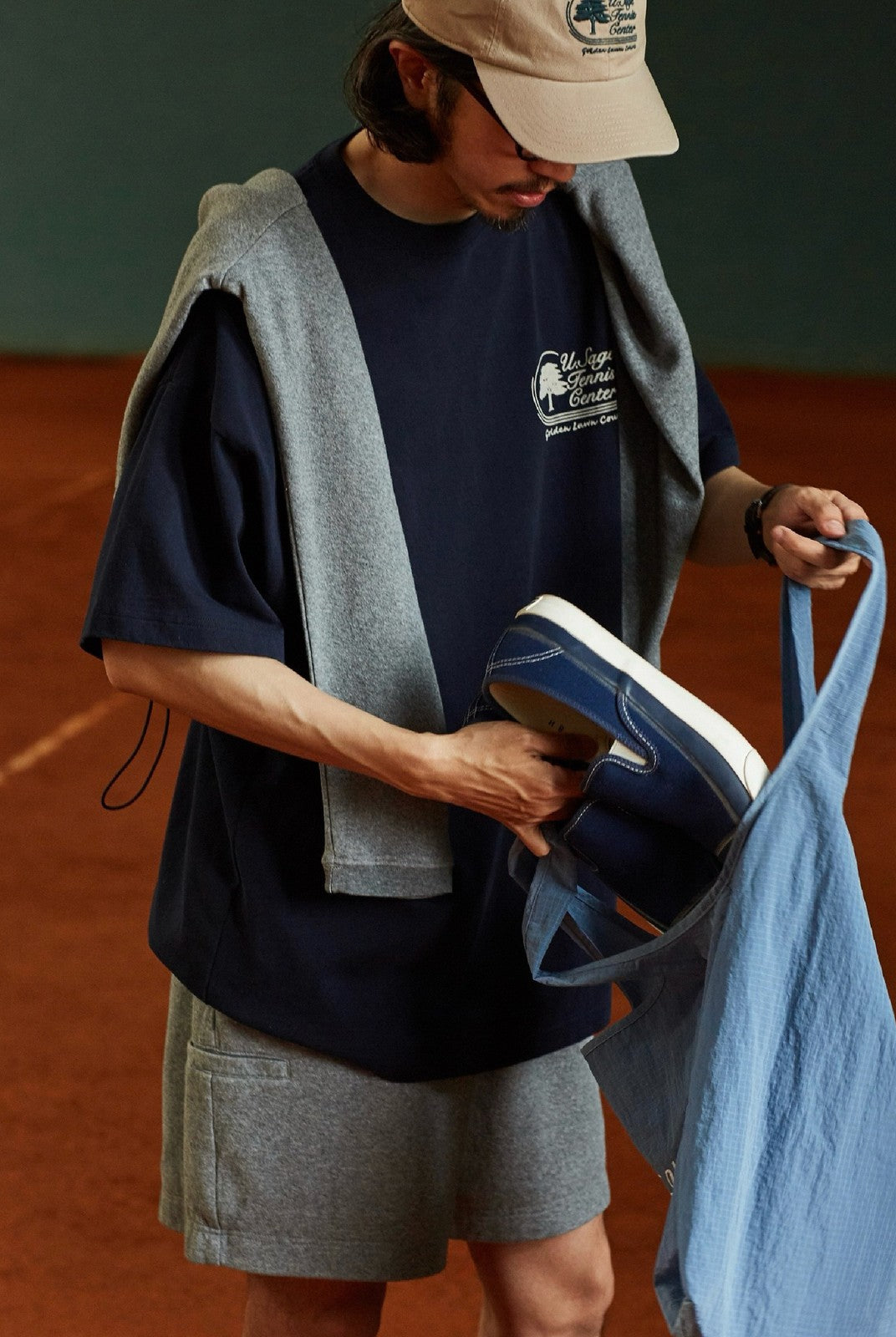 USAGE Retro Tennis Graphic Cotton T Shirt in Navy Blue - On Male Model