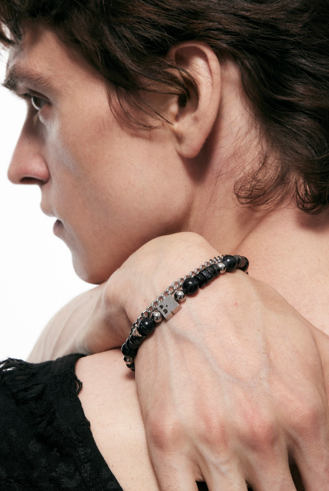 BLACKHEAD Logo Tag Stone Bead Chain Bracelet in Black - On Male Model
