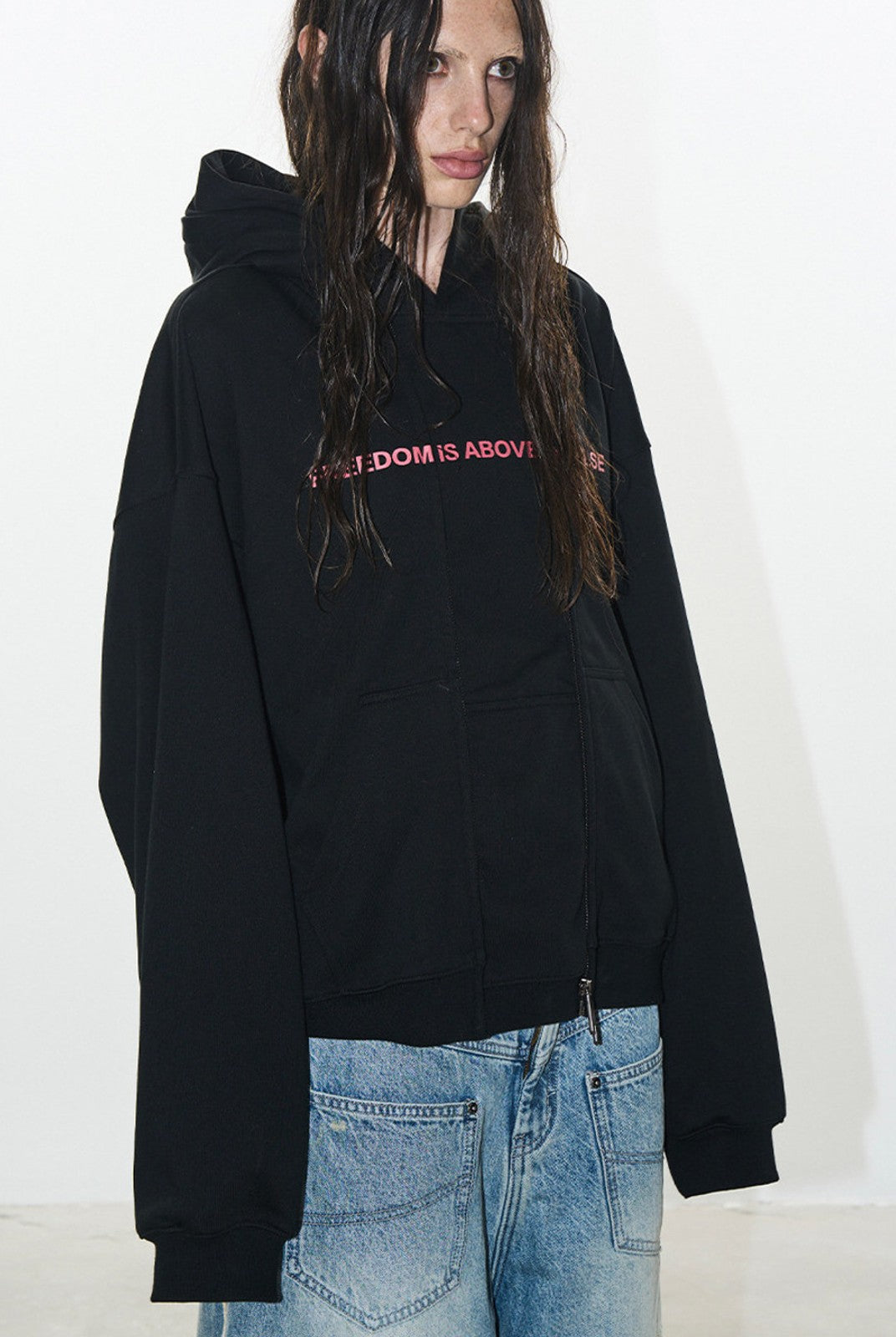BLINDNOPLAN Faux Double Layer Paneled Hoodie in Black - On Model