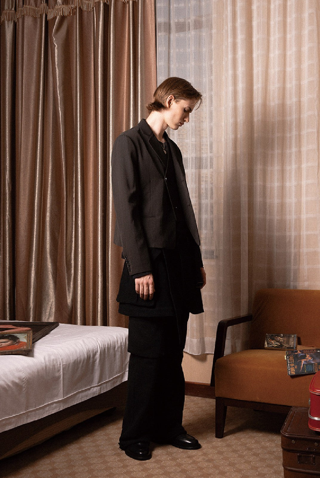 SOD Deconstructed Asymmetric Wool Blazer in Black - On Male Model