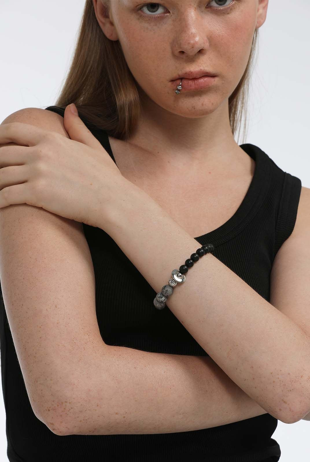 BLACKHEAD Black Agate Steel Beaded Bracelet in Black - On Female Model