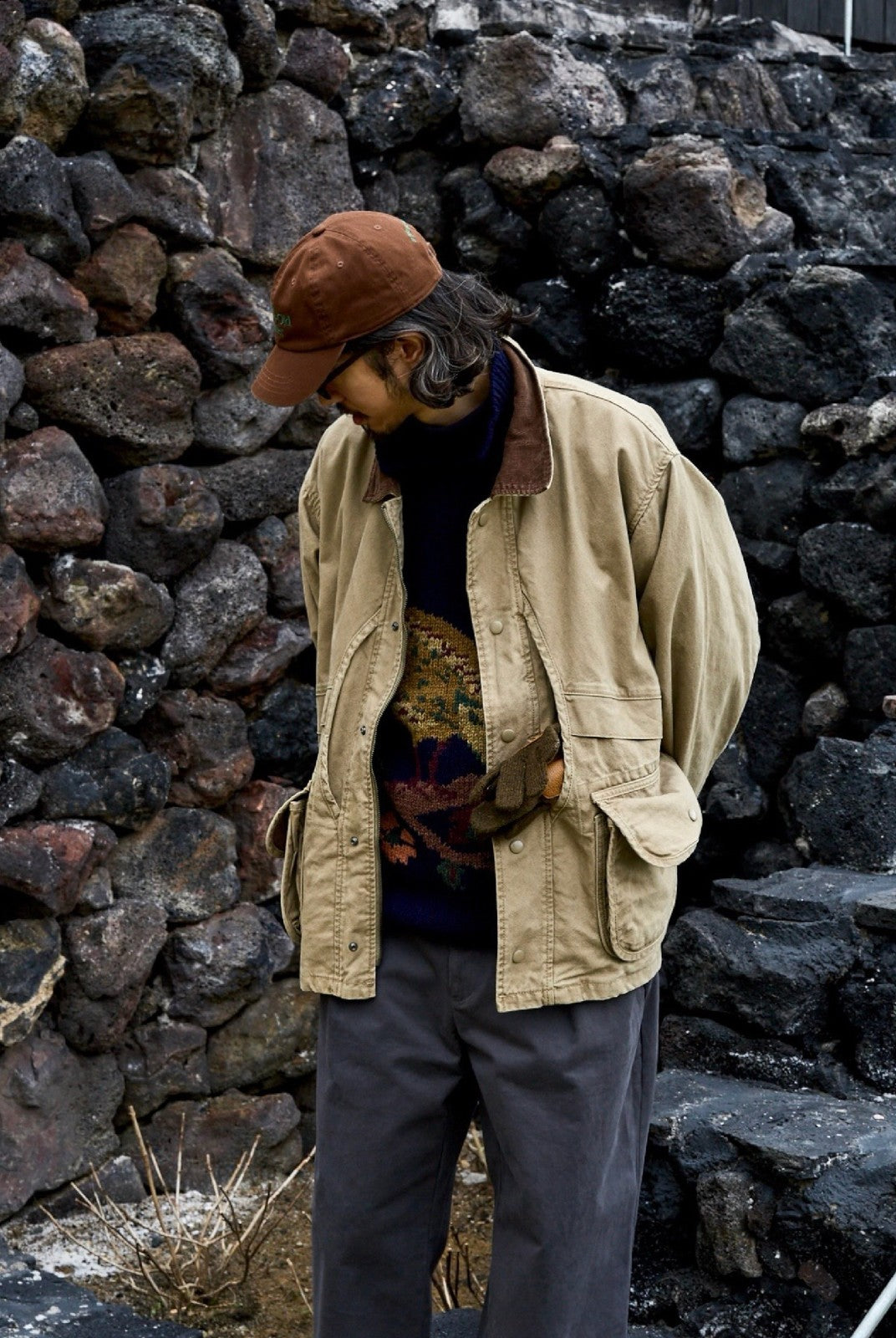 USAGE Heavyweight Cotton Canvas Barn Jacket in Beige - On Male Model