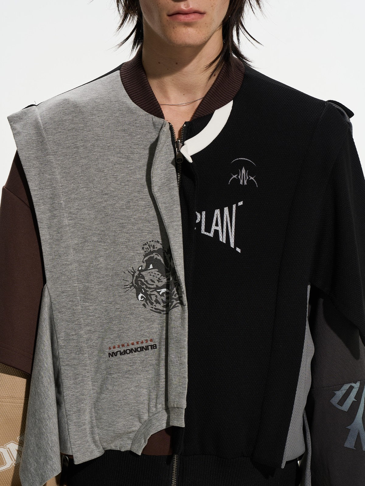 BLINDNOPLAN Reversible Patchwork Bomber Jacket in Beige - On Male Model