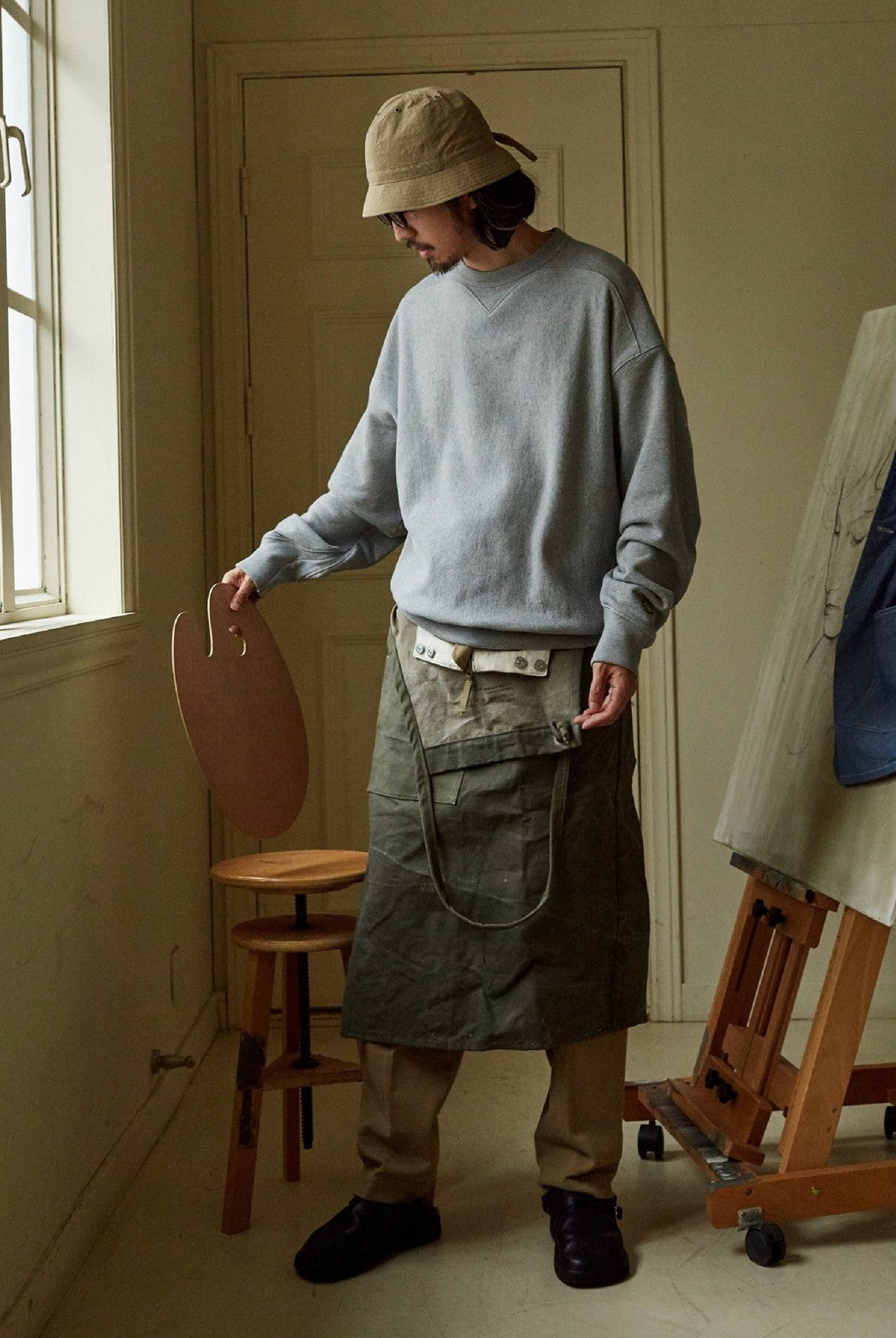 USAGE Reversible Cotton Crewneck Sweatshirt in Heather Gray - On Male Model